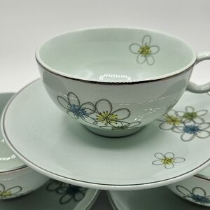 3 Nobility Permaware Vintage Mint Green Floral Tea Cup & Saucers